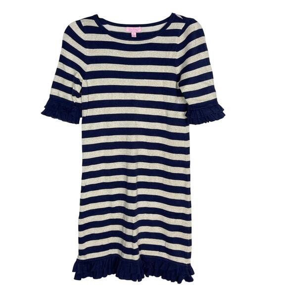 Lilly Pulitzer Girls XL 12-14 Navy Gold Striped Knit Ruffle Trim Sweater Dress - Picture 1 of 9